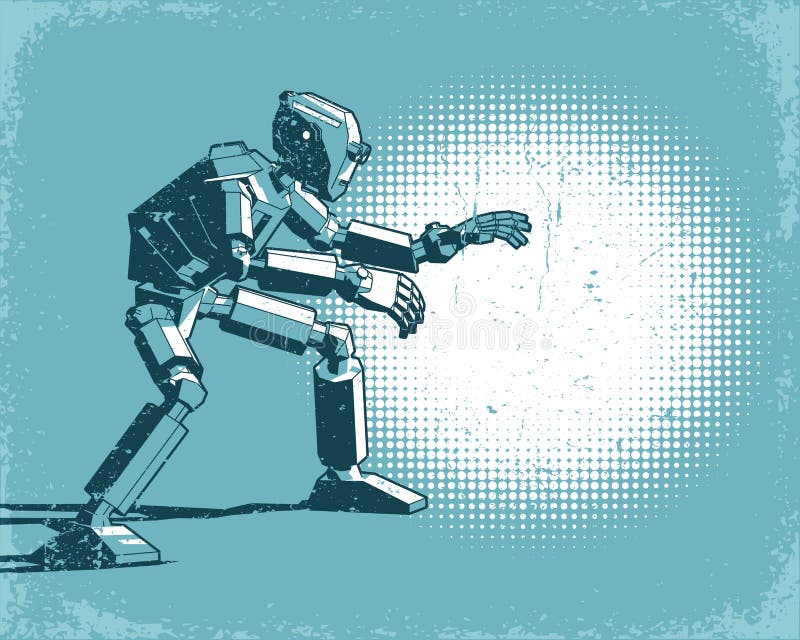 Humanoidrobot en vlek lichte uitstekende retro affiche stock illustratie Humanoidrobot en vlek lichte uitstekende retro affiche stock illustratie