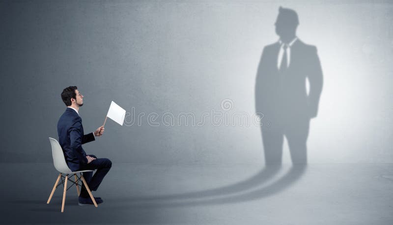 Businessman Staying And Offering Stuffs To A Huge Businessman Shadow