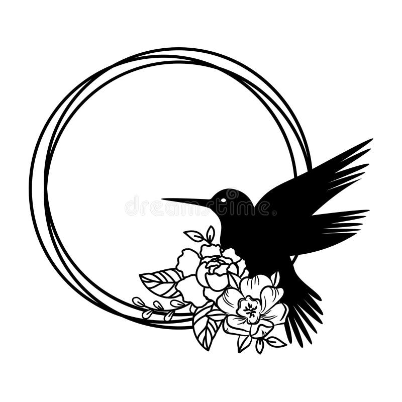Hummingbird in a circle frame with flower decor silhouette. Isolated vector set with spring or summer birds for laser