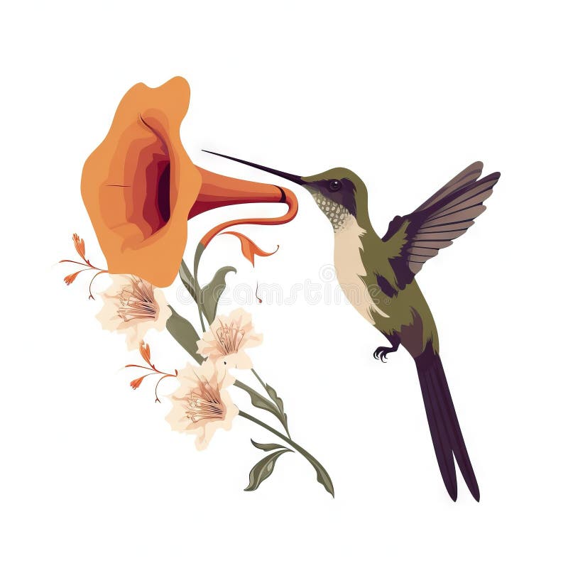 A hummingbird feeding on a flower with its beak open and another hummingbird in the background with its beak open and a flower in royalty free illustration