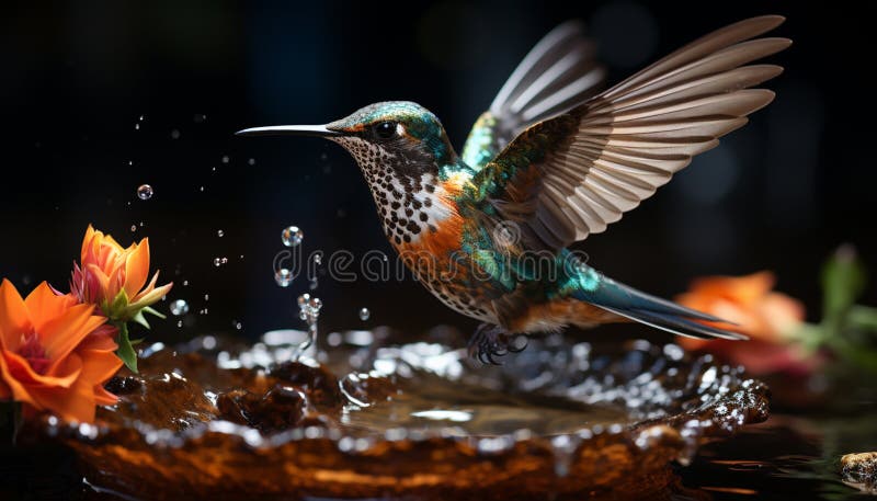 Hummingbird flying, vibrant colors, hovering, beauty in nature, pollination generated by AI royalty free stock photo