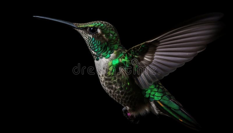 Hummingbird hovering mid air, flapping wings, iridescent feather, spread wings generated by AI vector illustration