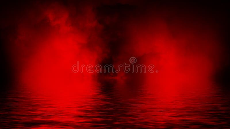 Humo rojo del proyector con la reflexi?n en agua Fondo de la textura de la niebla del misterio ilustración del vector Humo rojo del proyector con la reflexi?n en agua Fondo de la textura de la niebla del misterio ilustración del vector