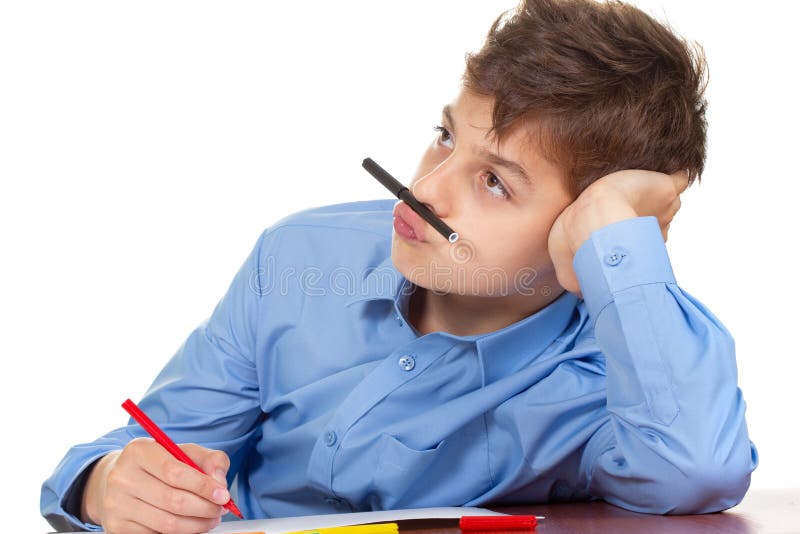 Humor da escola da educação do caderno do menino, aprendizagem da estudante foto de stock Humor da escola da educação do caderno do menino, aprendizagem da estudante foto de stock