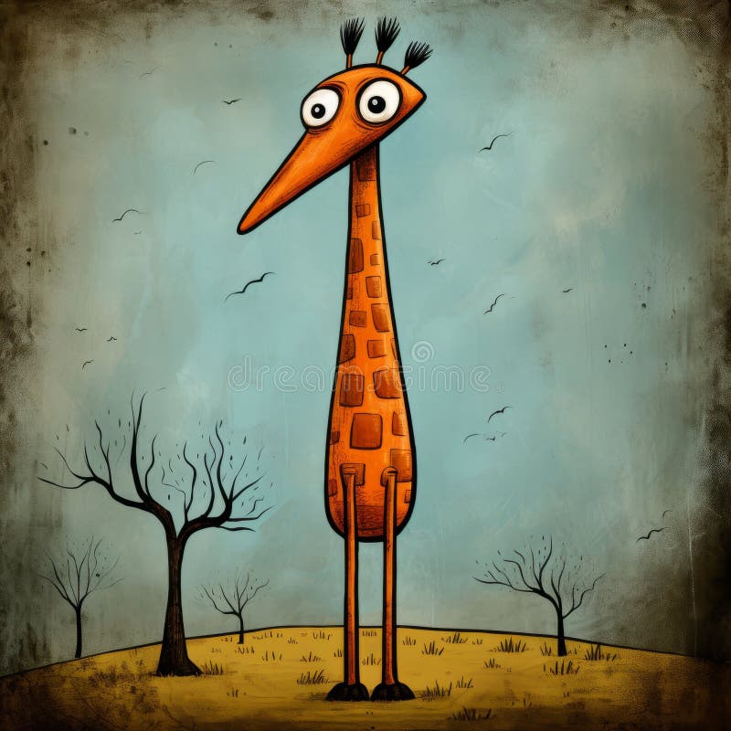 Humorous Cartoon Drawing of Giraffe in the Style of Andy Kehoe Stock