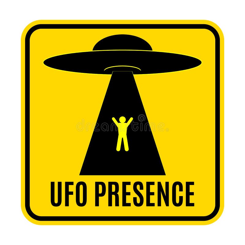 Humorous danger road signs for UFO, aliens abduction theme, vector illustration. Yellow road sign with text Ufo Presence