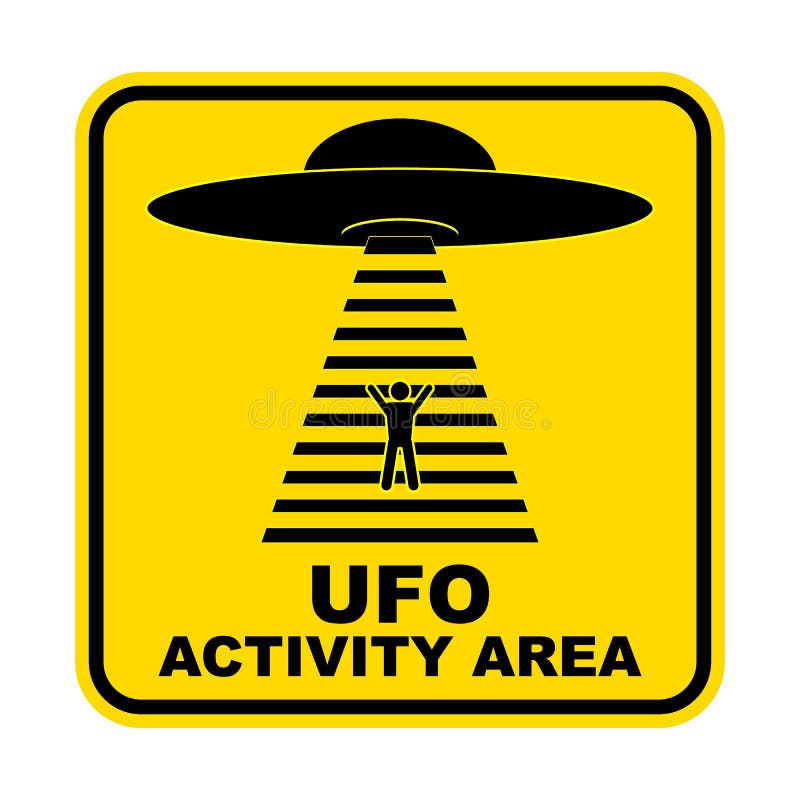 Humorous danger road signs for UFO, aliens abduction theme, vector illustration. Yellow road sign with text Ufo Activity Area.