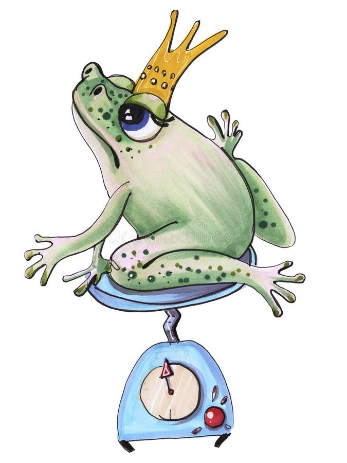 Humorous Hand Illustration with a Frog Wearing a Crown on the Scales Cartoon  Style Character Dieting Stock Illustration - Illustration of lunch,  biology: 224081083