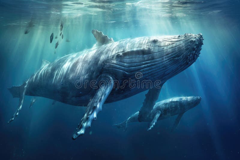 Humpback whales diving to create bubble net royalty free illustration