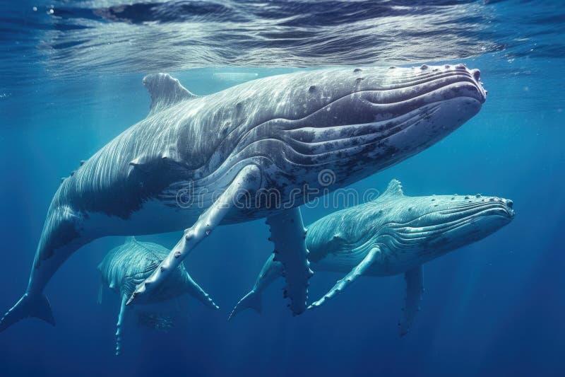 Humpback whales diving to create bubble net royalty free illustration
