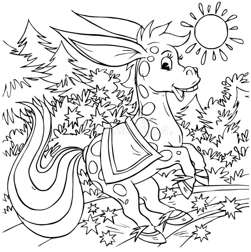 Black-and-white illustration (coloring page): magic humpbacked horse (fairytale character). Black-and-white illustration (coloring page): magic humpbacked horse (fairytale character)