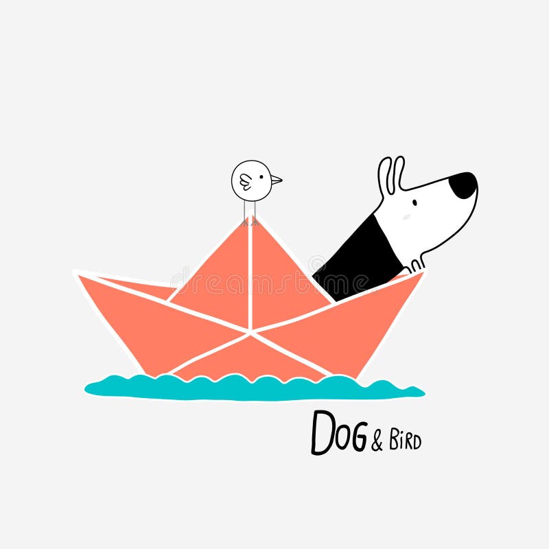 Hund & fågel i ett pappers- fartyg vektor illustrationer