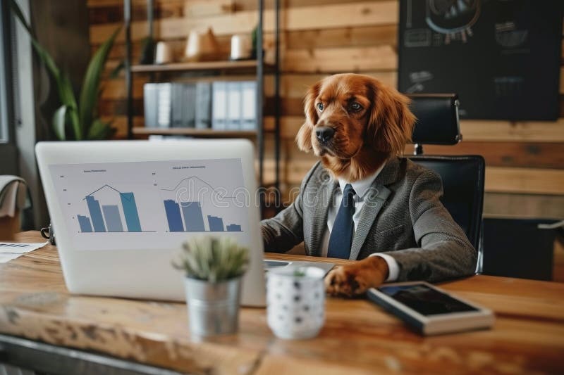 Dog in formal attire analyzing charts on a computer in a charming rustic office. Dog in formal attire analyzing charts on a computer in a charming rustic office