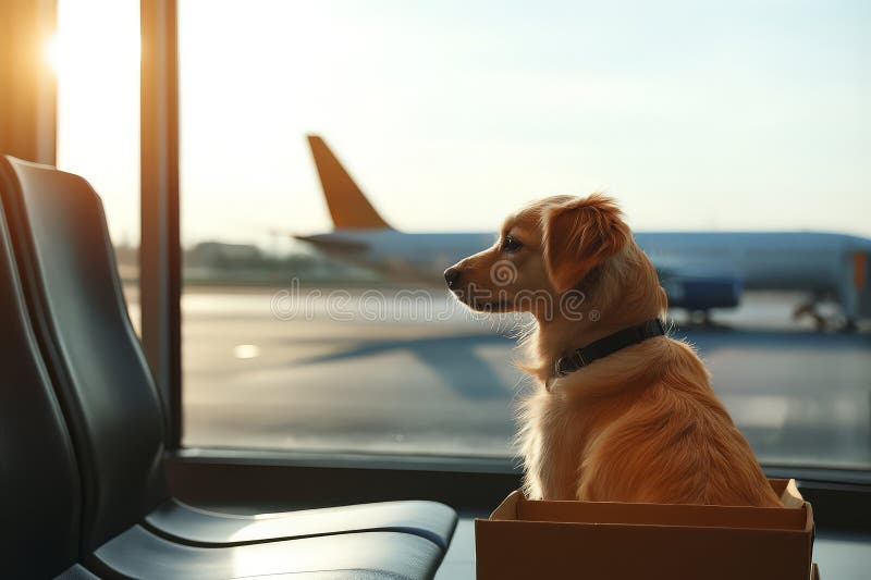 Hund im Wartegebiet am Flughafen stock abbildung