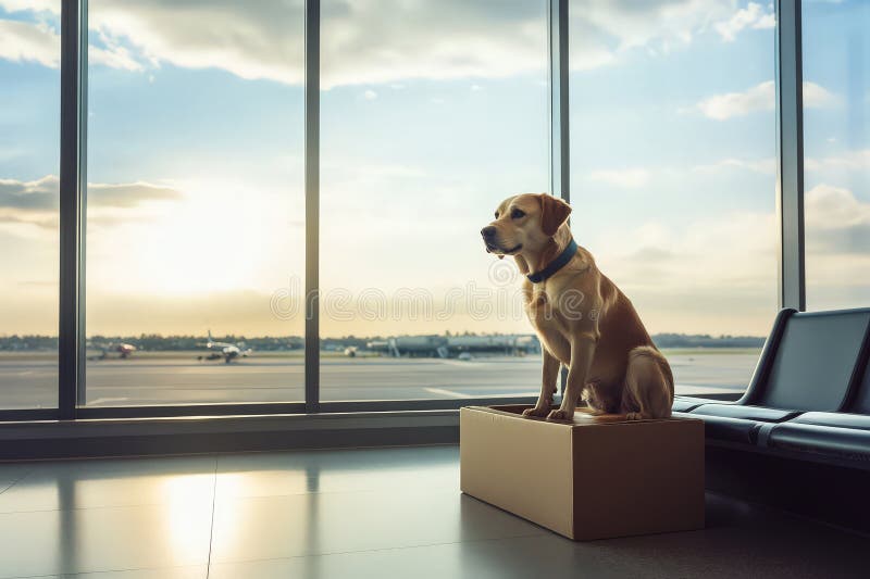 Hund in Kiste am Flughafen Wartebereich stock abbildung