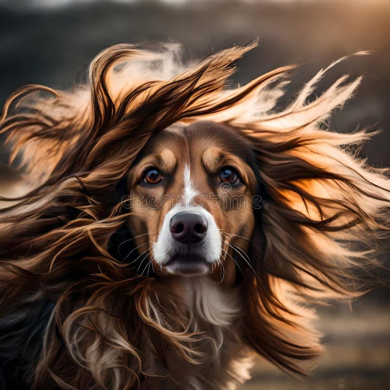 Hund mit langem Fell vom Wind geblasen ai generierte Bild. Ein schöner Hund mit langem Fell, der vom starken Wind geblasen wird, ai generiertes Bild