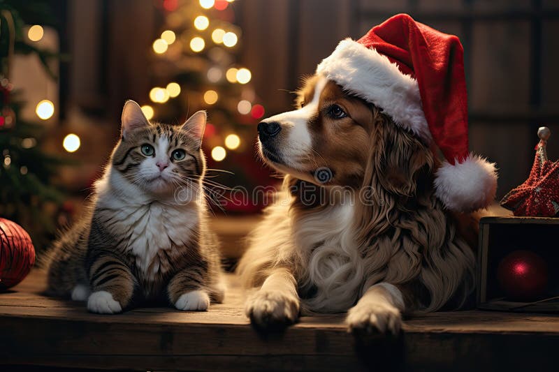 Hund och katt klädd i tomtekonst samlade runt ett vackert julträd stock illustrationer