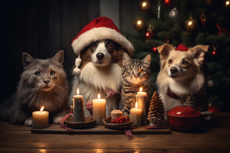 Hund och katt klädd i tomtekonst samlade runt ett vackert julträd vektor illustrationer