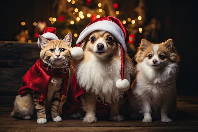 Hund och katt klädd i tomtekonst samlade runt ett vackert julträd royaltyfri illustrationer