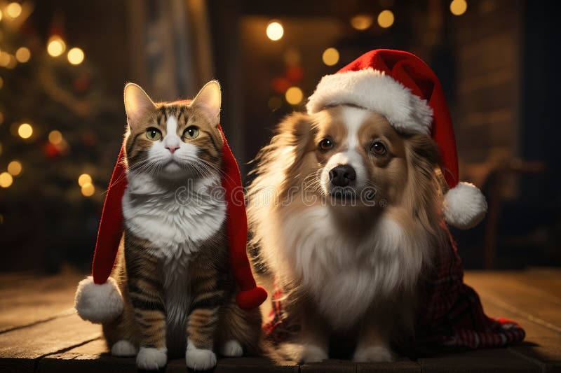 Hund och katt klädd i tomtekonst samlade runt ett vackert julträd stock illustrationer