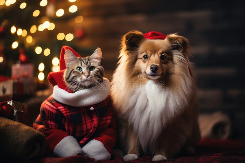Hund och katt klädd i tomtekonst samlade runt ett vackert julträd stock illustrationer