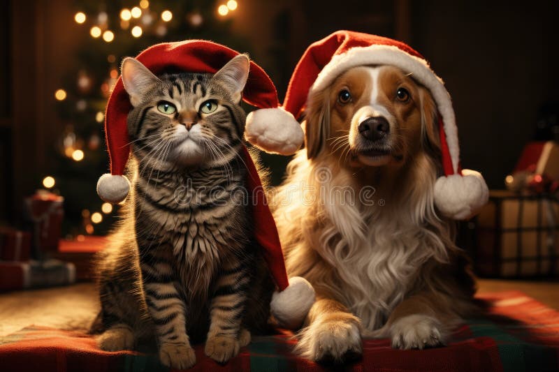 Hund och katt klädd i tomtekonst samlade runt ett vackert julträd vektor illustrationer