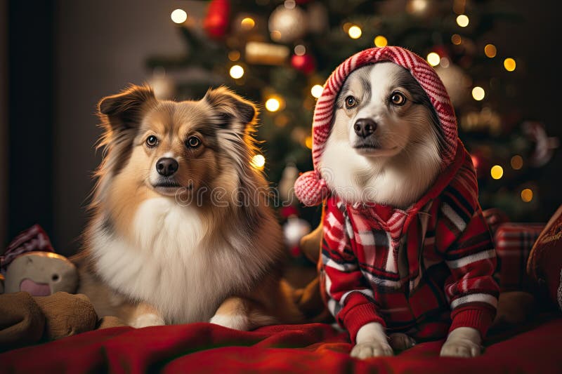 Hund och katt klädd i tomtekonst samlade runt ett vackert julträd royaltyfri illustrationer