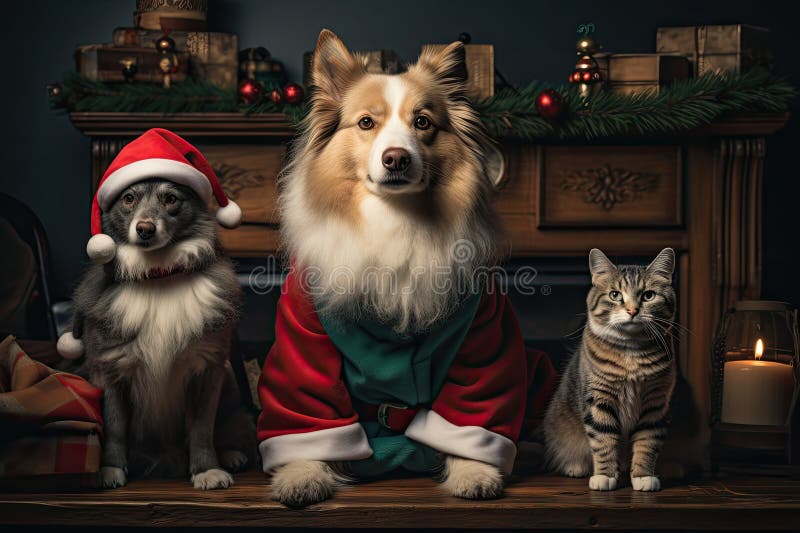 Hund och katt klädd i tomtekonst samlade runt ett vackert julträd vektor illustrationer
