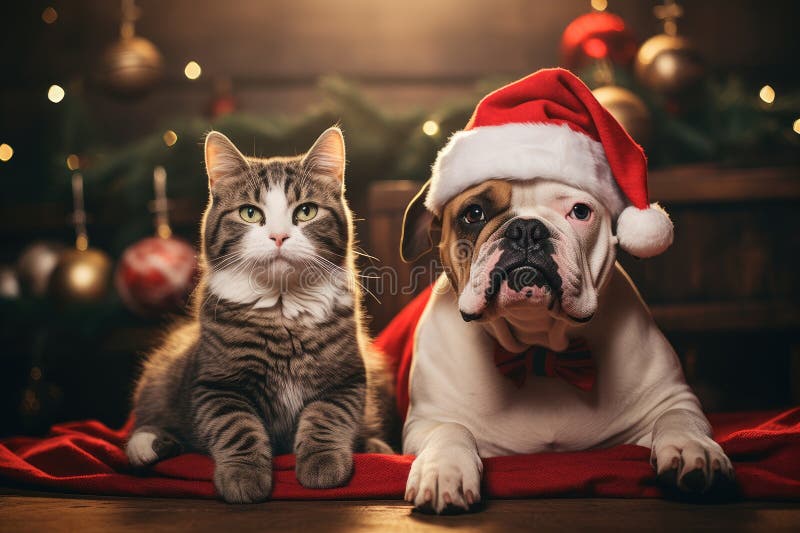Hund och katt klädd i tomtekonst samlade runt ett vackert julträd royaltyfri illustrationer
