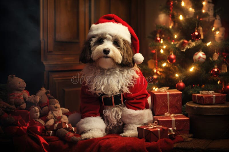 Hund och katt klädd i tomtekonst samlade runt ett vackert julträd vektor illustrationer