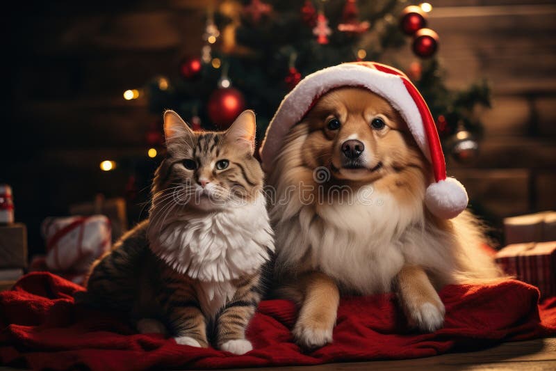 Hund och katt klädd i tomtekonst samlade runt ett vackert julträd vektor illustrationer