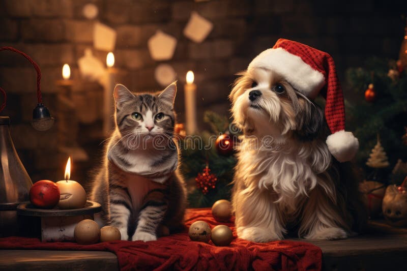 Hund och katt klädd i tomtekonst samlade runt ett vackert julträd stock illustrationer
