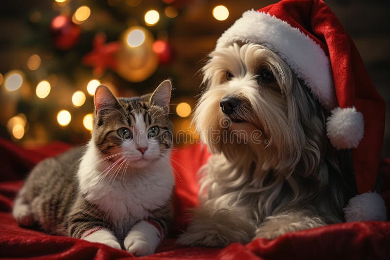 Hund och katt klädd i tomtekonst samlade runt ett vackert julträd royaltyfri illustrationer
