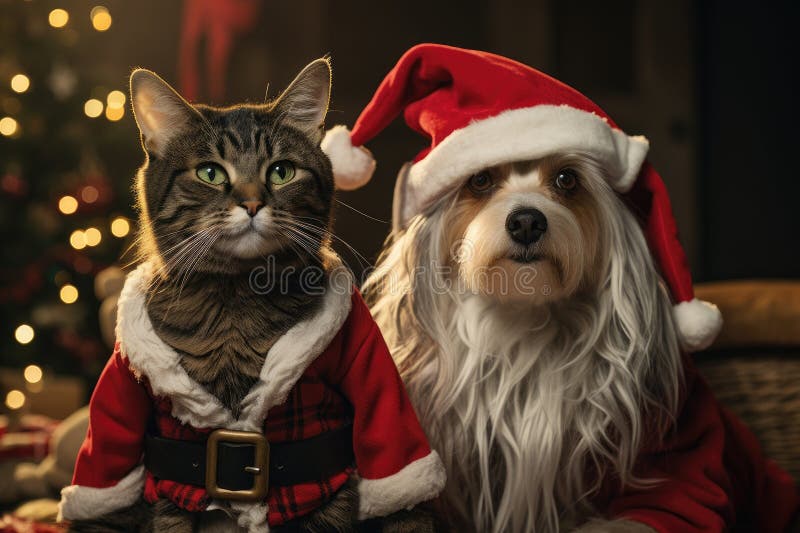 Hund och katt klädd i tomtekonst samlade runt ett vackert julträd royaltyfri illustrationer