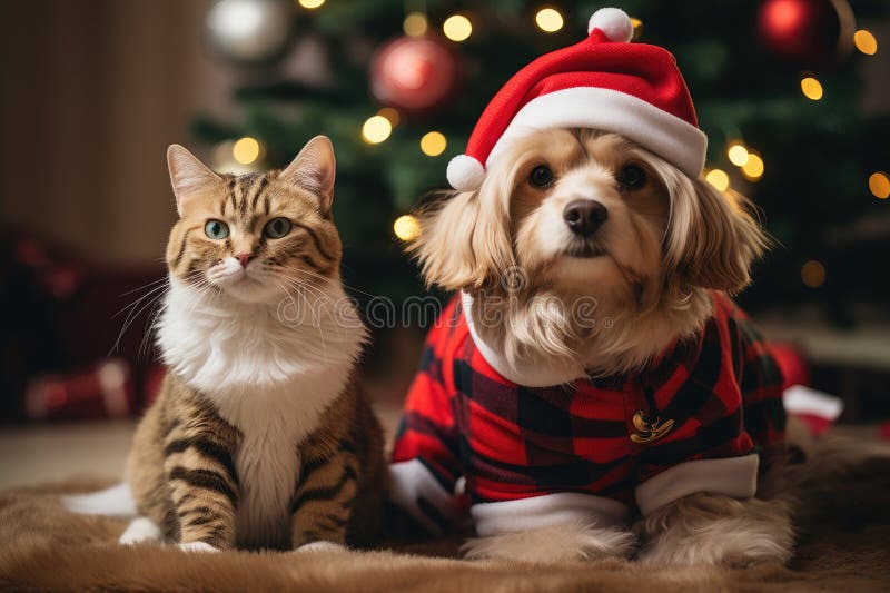 Hund och katt klädd i tomtekonst samlade runt ett vackert julträd vektor illustrationer