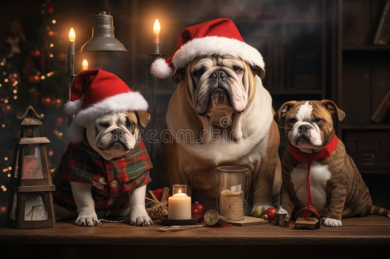 Hund och katt klädd i tomtekonst samlade runt ett vackert julträd royaltyfri illustrationer
