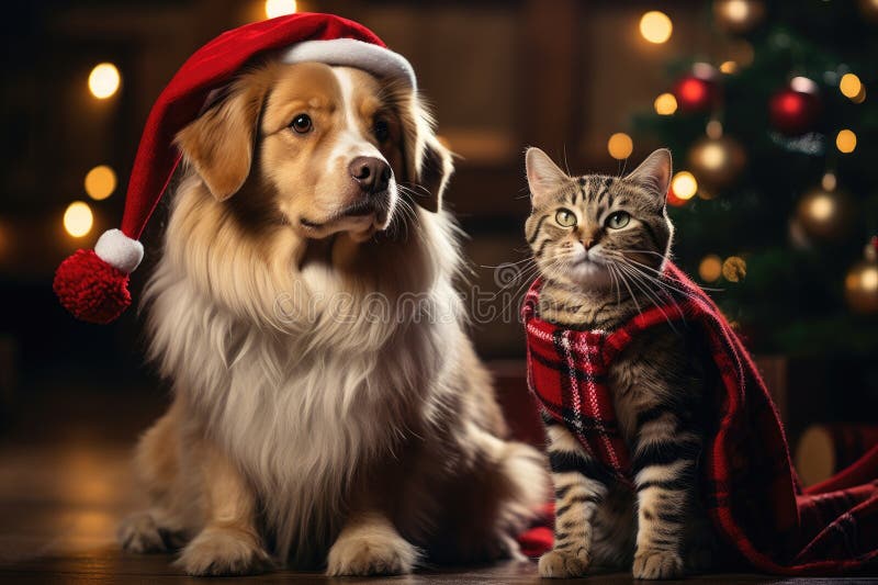 Hund och katt klädd i tomtekonst samlade runt ett vackert julträd stock illustrationer