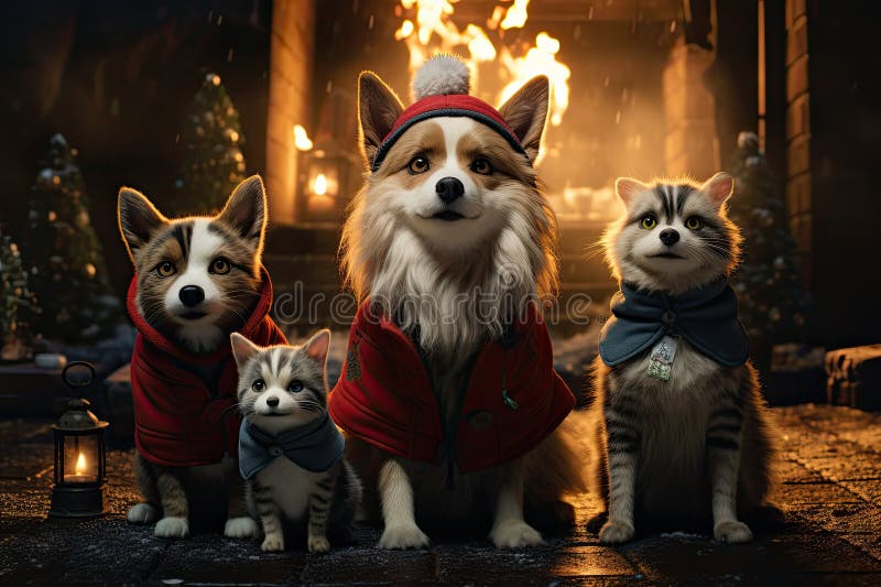 Hund och katt klädd i tomtekonst samlade runt ett vackert julträd royaltyfri illustrationer