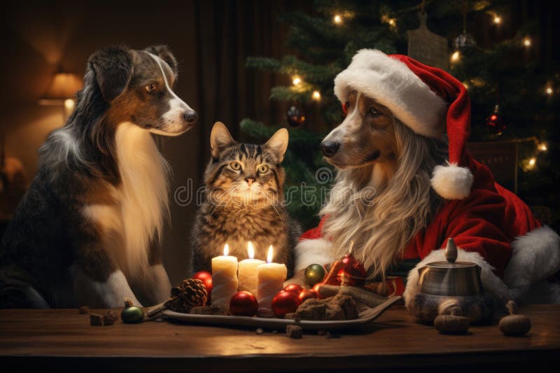 Hund och katt klädd i tomtekonst samlade runt ett vackert julträd royaltyfri illustrationer