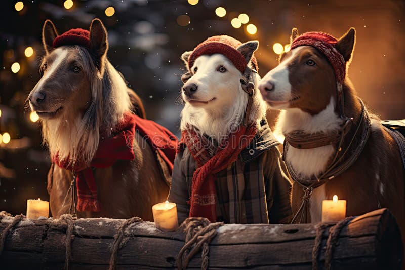 Hund och katt klädd i tomtekonst samlade runt ett vackert julträd royaltyfri illustrationer