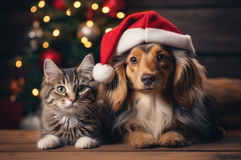 Hund och katt klädd i tomtekonst samlade runt ett vackert julträd vektor illustrationer