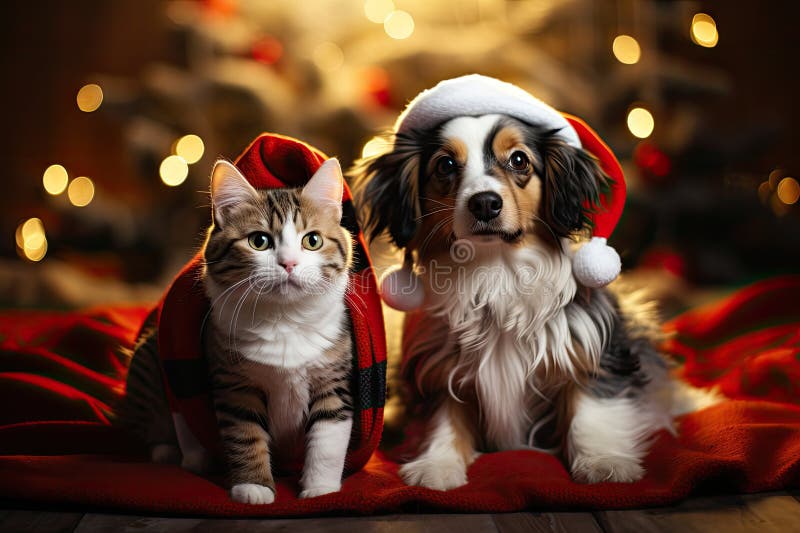 Hund och katt klädd i tomtekonst samlade runt ett vackert julträd stock illustrationer