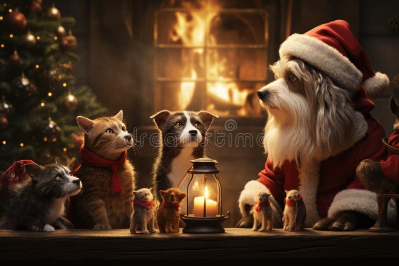 Hund och katt klädd i tomtekonst samlade runt ett vackert julträd stock illustrationer