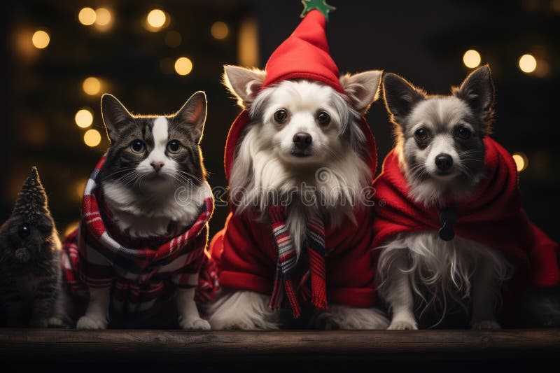 Hund och katt klädd i tomtekonst samlade runt ett vackert julträd vektor illustrationer