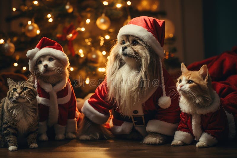 Hund och katt klädd i tomtekonst samlade runt ett vackert julträd royaltyfri illustrationer