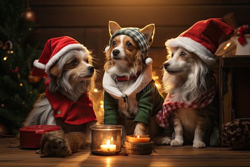 Hund och katt klädd i tomtekonst samlade runt ett vackert julträd vektor illustrationer