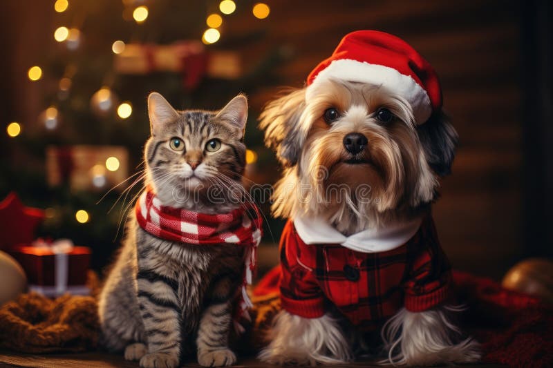 Hund och katt klädd i tomtekonst samlade runt ett vackert julträd royaltyfri illustrationer