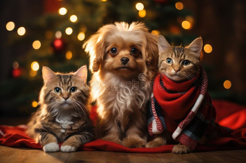 Hund och katt klädd i tomtekonst samlade runt ett vackert julträd stock illustrationer