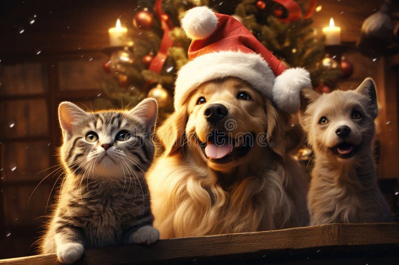 Hund och katt klädd i tomtekonst samlade runt ett vackert julträd royaltyfri illustrationer