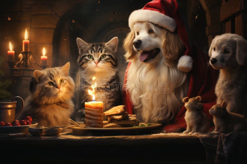 Hund och katt klädd i tomtekonst samlade runt ett vackert julträd vektor illustrationer